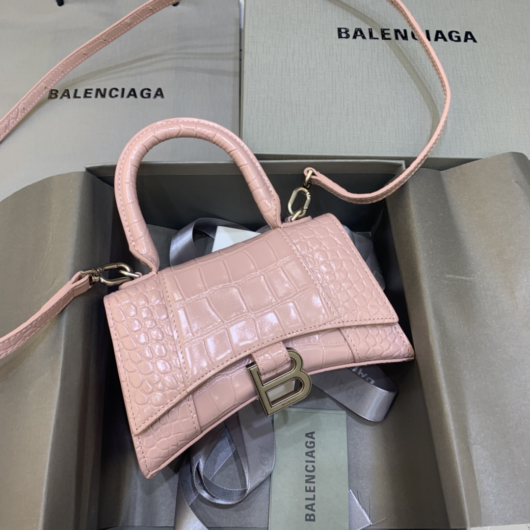 Balenciaga Hourglass XS Handbag Crocodile Embossed Shoulder Bag Pink